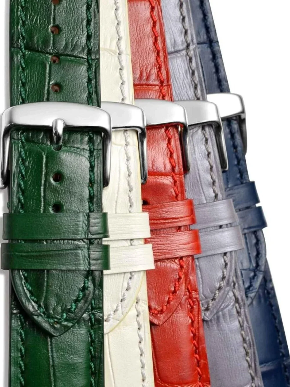 Italian Leather 20mm Watch Band, Embossed Alligator Grain, Silver Buckle, Black